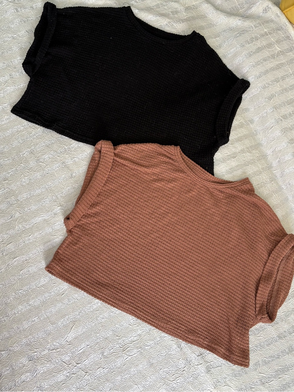 Black & Brown Waffle Textured Cropped Tee Duo in Size Large